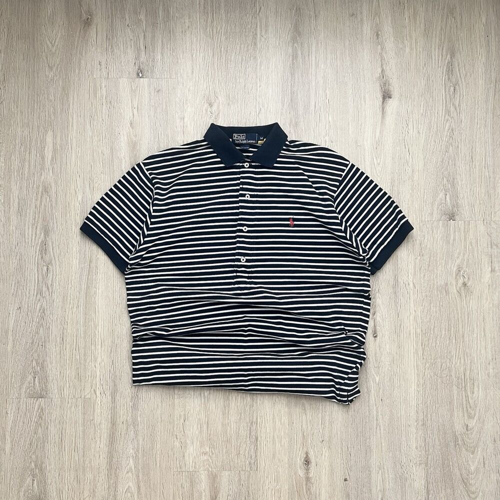 Vintage Polo Ralph Lauren Polo Shirt Mens M Navy White Striped Short Sleeve